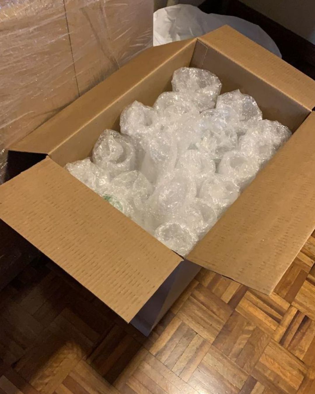 Objeto protegido com plástico-bolha dentro de uma caixa de papelão