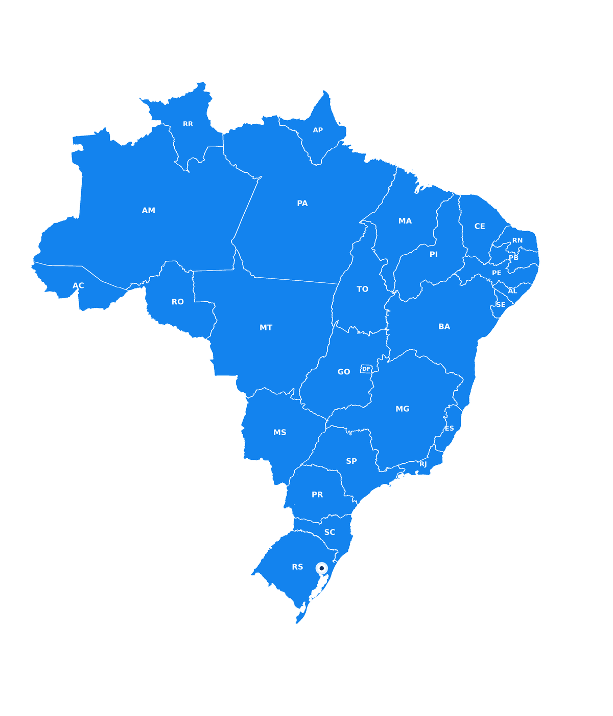 Mapa do Brasil com as siglas dos estados e um marcador indicando São Leopoldo, no Rio Grande do Sul.